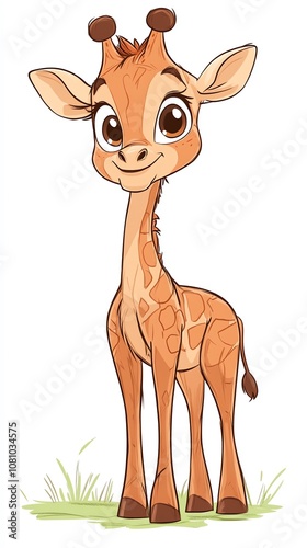 A cute cartoon giraffe with big eyes and a sweet smile, standing on a patch of green grass. photo