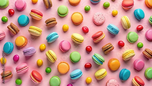 Seamless Pattern of Colorful Macarons Scattered on a Pink Background – A Playful Design with Vibrant Candy Colors, Perfect for Dessert, Confectionery, and Pastry-Themed Designs.