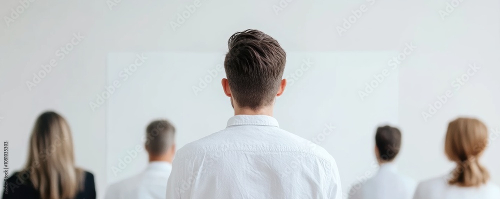 Obraz premium Back view of diverse business team standing together facing a blank wall in an office setting.