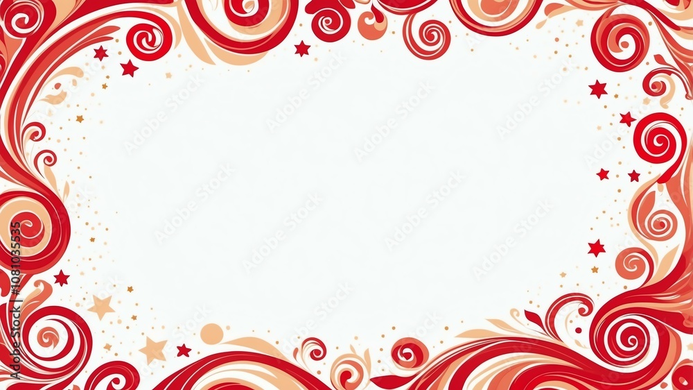 Cute scarlet and cream swirls with stars border frame on white background