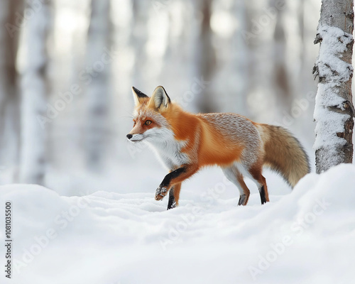 Small Feisty Fox Hunting in Snowy White Forest, Captivating Winter Wildlife