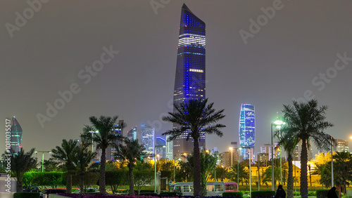 Tallest building in Kuwait City timelapse hyperlapse at dusk. Kuwait City, Middle East photo