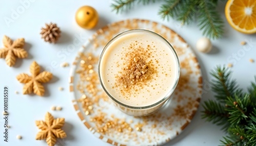 Winter, Christmas drink. Coffee with cream, marshmallows and cinnamon. New Year's drinks photo