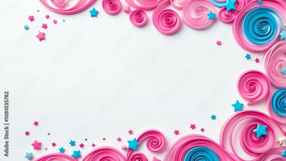 Cute pink and blue swirls with stars border frame on white background