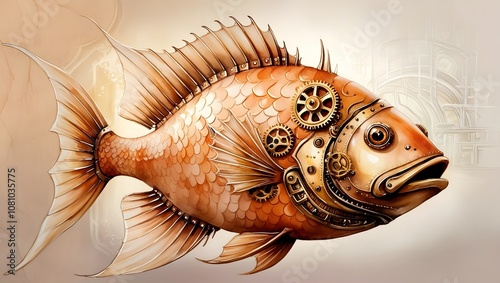 Watercolor Art, Steampunk Fish Design photo