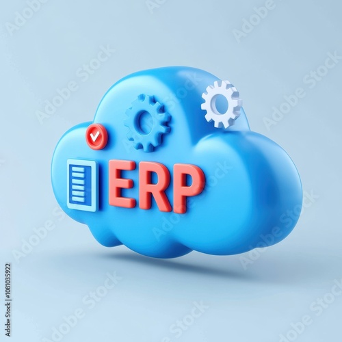 3D cloud icon with ERP text and gears. Enterprise resource planning software concept on blue background