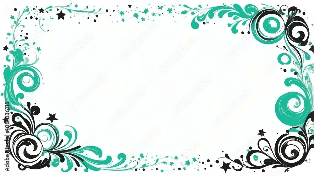 Cute green and black swirls with stars border frame on white background Cute green and black swirls with stars border frame on white background