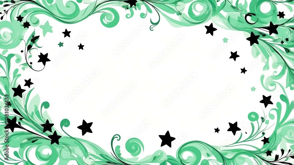 Cute green and black swirls with stars border frame on white background Cute green and black swirls with stars border frame on white background