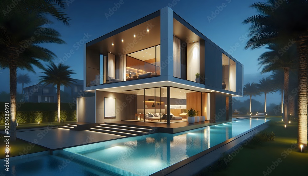 Fototapeta premium Modern minimalist house with swimming pool illuminated at night