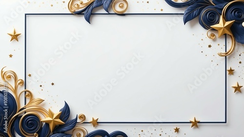 Cute dark blue and gold swirls with stars border frame on white background