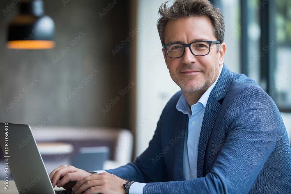 A professional man is working diligently on his laptop within a modern workspace that promotes productivity and innovation, demonstrating his skills and focus while engaging in business activities A professional man is working diligently on his laptop within a modern workspace that promotes productivity and innovation, demonstrating his skills and focus while engaging in business activities