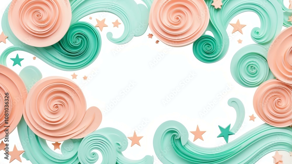 Cute peach and mint green swirls with stars border frame on white background