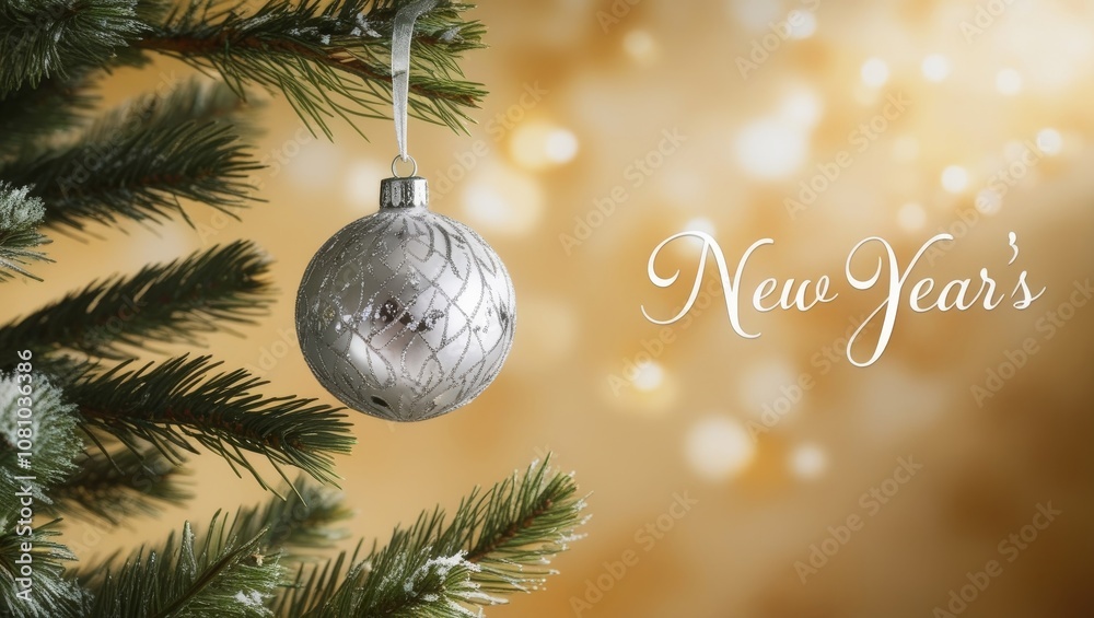 Christmas background. Silver New Year's ball on a Christmas tree branch against a background of golden bokeh. The inscription