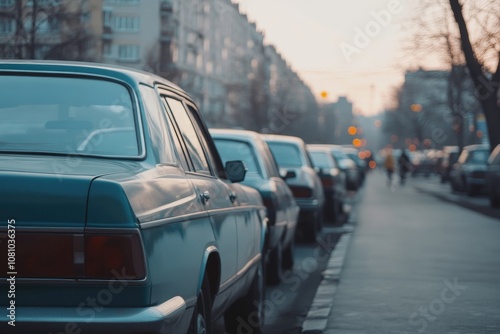 Early Morning Urban Street with Classic Cars Lined Up in Hazy Cityscape