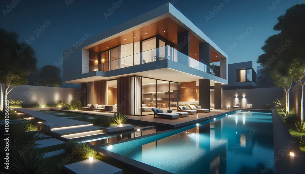 Modern minimalist house with swimming pool illuminated at night
