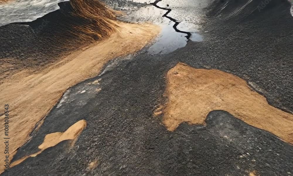 Aerial View of a Unique Landscape with Dark Sands and Water