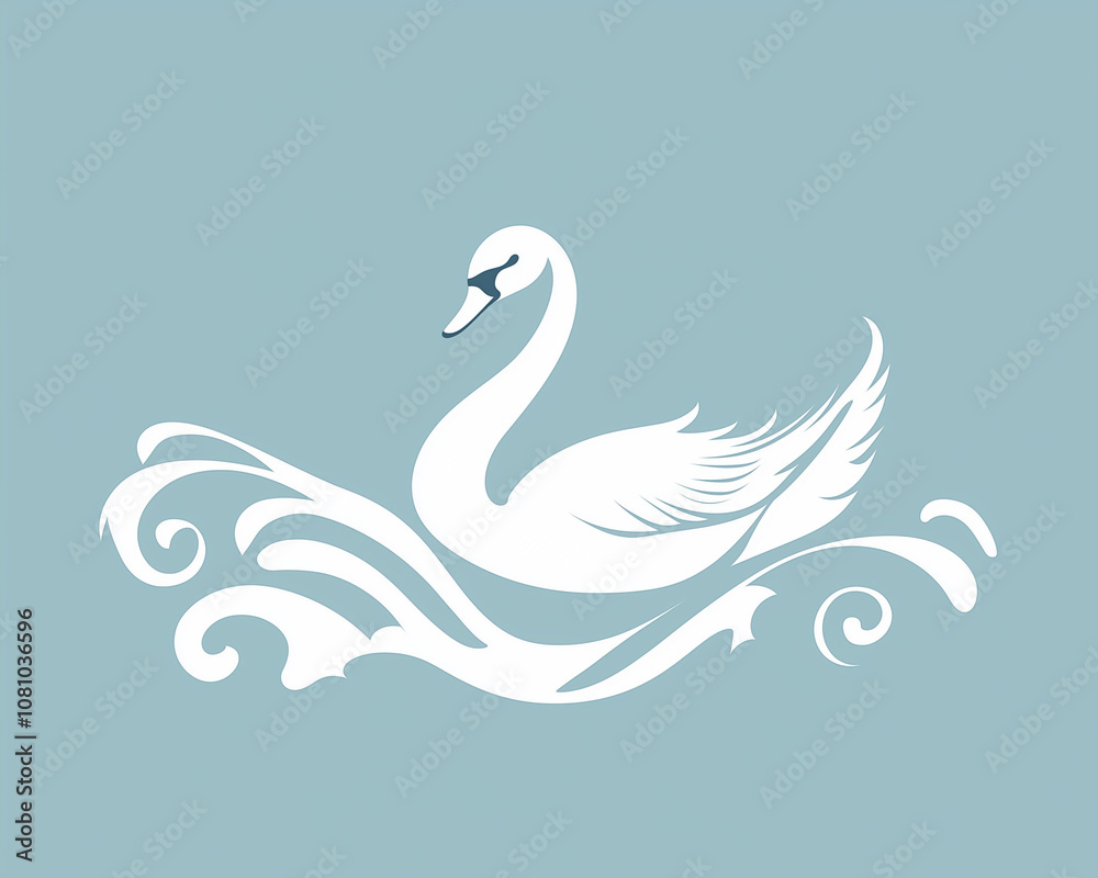 Swan Floating on a Wave, Minimalistic Silhouette on Light Blue Swan Floating on a Wave, Minimalistic Silhouette on Light Blue