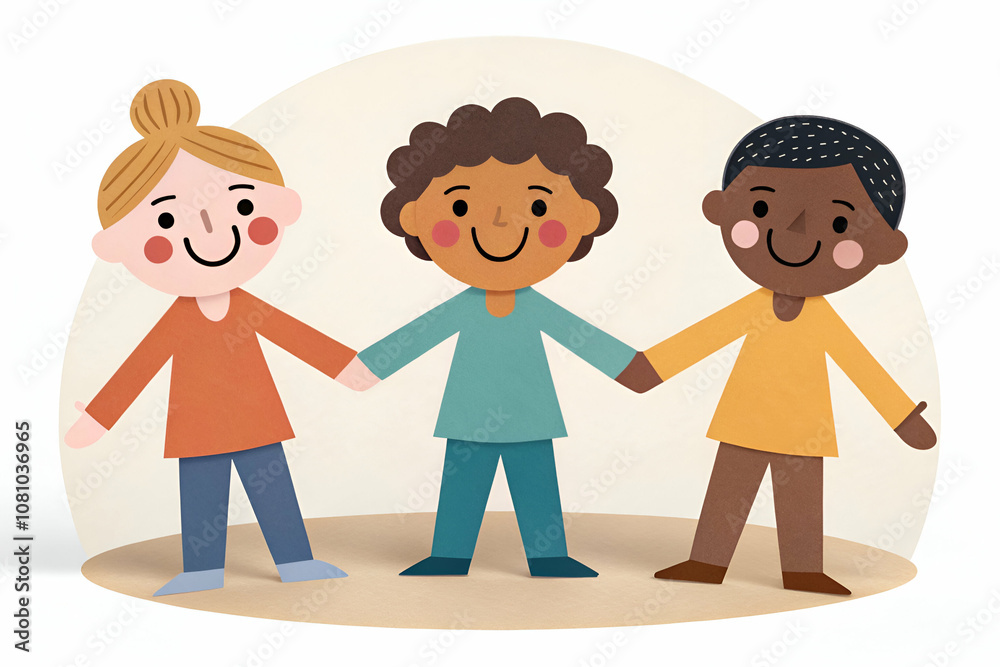 Three diverse, cheerful children stand in a circle, holding hands, symbolizing friendship and unity in a simple, colorful illustration. Three diverse, cheerful children stand in a circle, holding hands, symbolizing friendship and unity in a simple, colorful illustration.