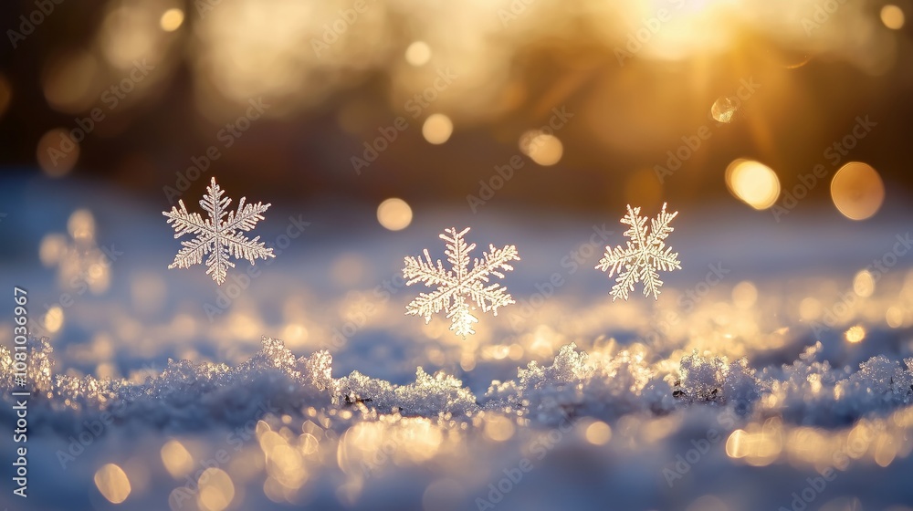close up of a faling snowflakes float gently through the air, winter air, sunlight, Golden bokeh - Generative AI close up of a faling snowflakes float gently through the air, winter air, sunlight, Golden bokeh - Generative AI
