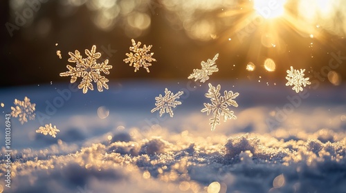 close up of a faling snowflakes float gently through the air, winter air, sunlight, Golden bokeh - Generative AI	 photo