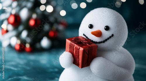 Smiling snowman holding a gift with a decorated Christmas tree in the background at holiday time