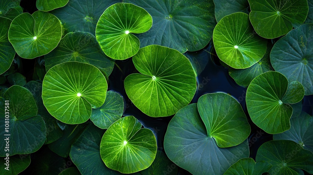 A serene arrangement of green lily pads on a tranquil water surface. A serene arrangement of green lily pads on a tranquil water surface.