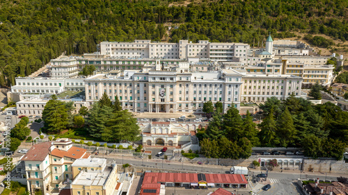 Aerial view of the Home for the Relief of Suffering hospital (Ospedale Casa Sollievo della Sofferenza) located in San Giovanni Rotondo, in the province of Foggia, in Puglia, Italy.