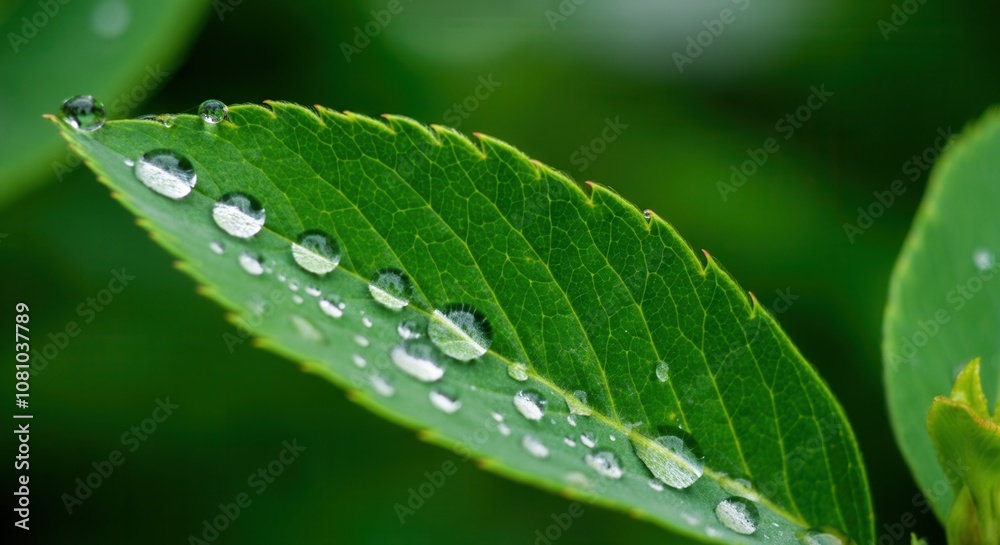 Fresh green leaf with dew drops in natural environment Fresh green leaf with dew drops in natural environment