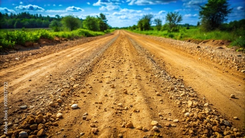 Dirt road with rough, uneven texture of compacted earth and loose gravel, terrain, uneven, loose gravel