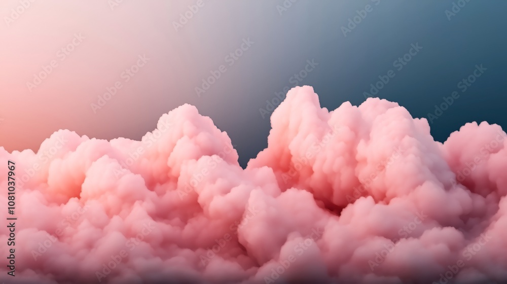 Pink fluffy clouds against a gradient sky with soft lighting, creating a dreamy and serene atmosphere Pink fluffy clouds against a gradient sky with soft lighting, creating a dreamy and serene atmosphere