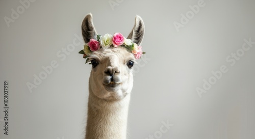 Charming llama with floral headband on neutral background photo