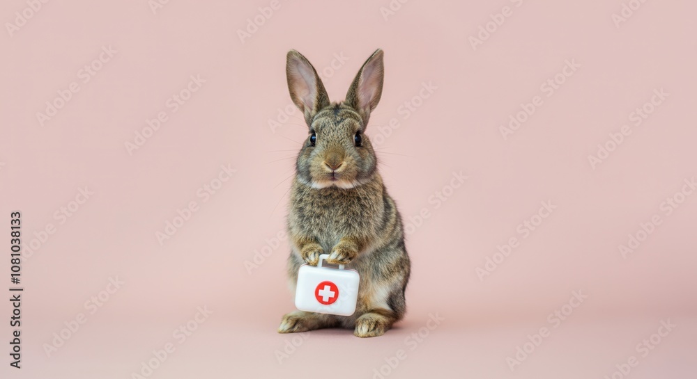 Cute bunny with first aid kit on pink background