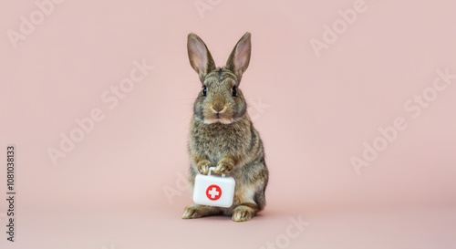 Obraz na płótnie Cute bunny with first aid kit on pink background w salonie