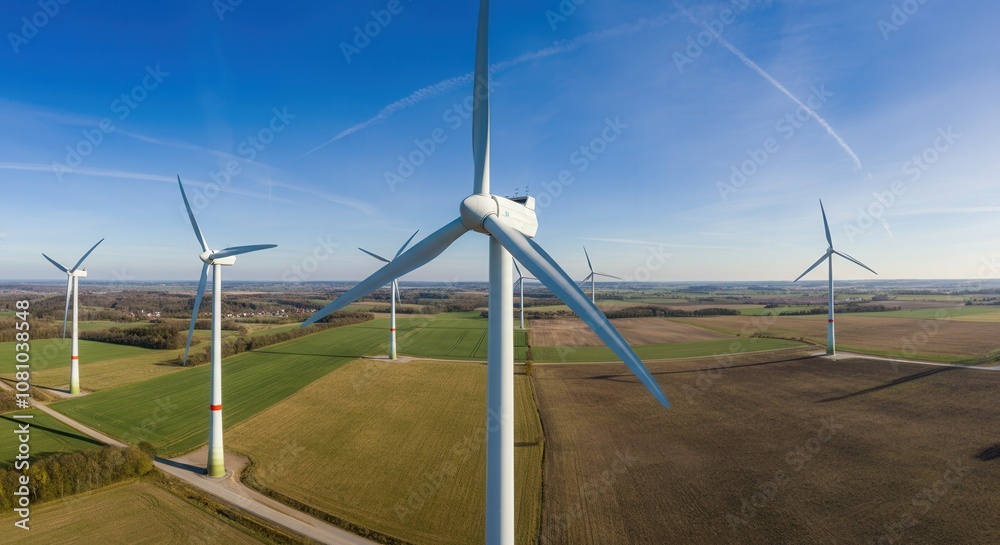 Aerial view of wind turbines in rural landscape