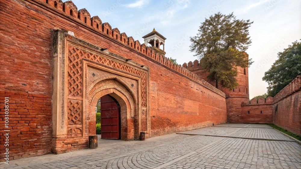 Historic red brick wall with ornate archway, historic, architecture, estate Historic red brick wall with ornate archway, historic, architecture, estate