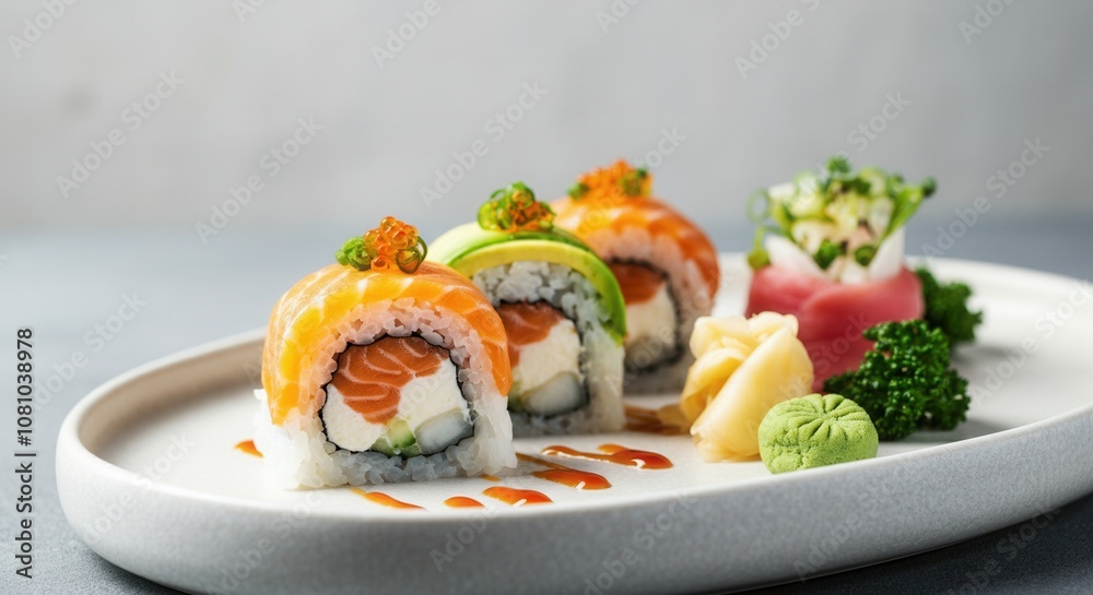 Fresh salmon sushi rolls on elegant plate with wasabi ginger Fresh salmon sushi rolls on elegant plate with wasabi ginger