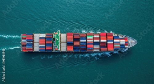 Aerial view of cargo ship at sea loaded with colorful containers