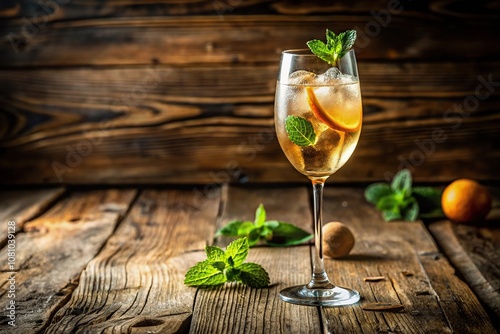 classic hugo spritz cocktail with white wine sparkling water and mint sprig on rustic wooden table