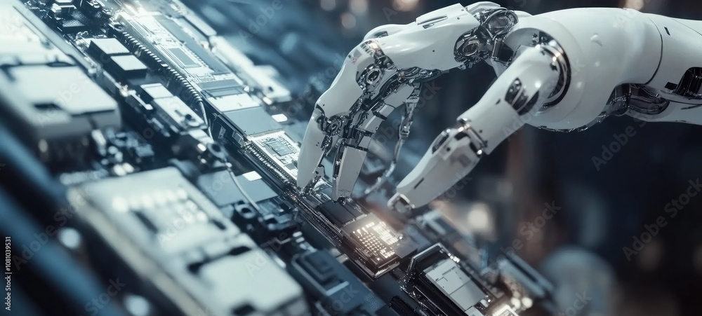 Fototapeta premium Robotic Hand Interacting with Circuit Board: A Glimpse into the Future of Technology