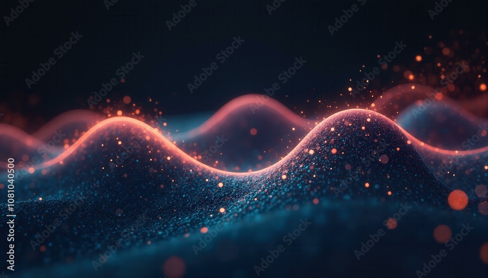 Abstract Dark Blue and Orange Glitter Waves, Concept of Technology, Energy, and Innovation. Abstract Dark Blue and Orange Glitter Waves, Concept of Technology, Energy, and Innovation.