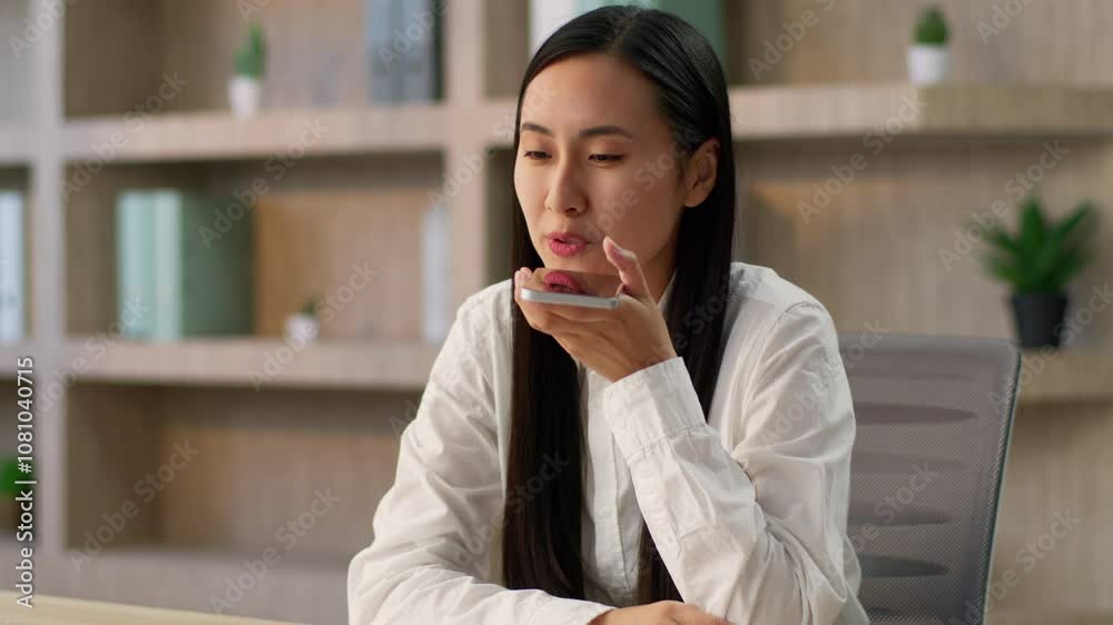 Professional Asian Chinese business woman female girl Japanese entrepreneur businesswoman worker use mobile phone app record voice audio message speakerphone talk smartphone online call inside office