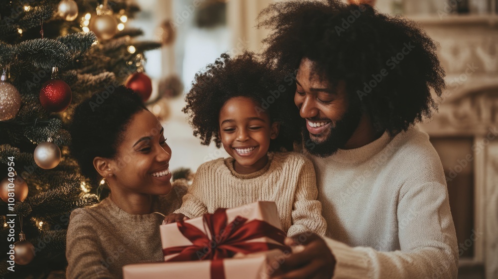 Family joyfully exchanging gifts around a decorated Christmas tree in a cozy home setting Family joyfully exchanging gifts around a decorated Christmas tree in a cozy home setting