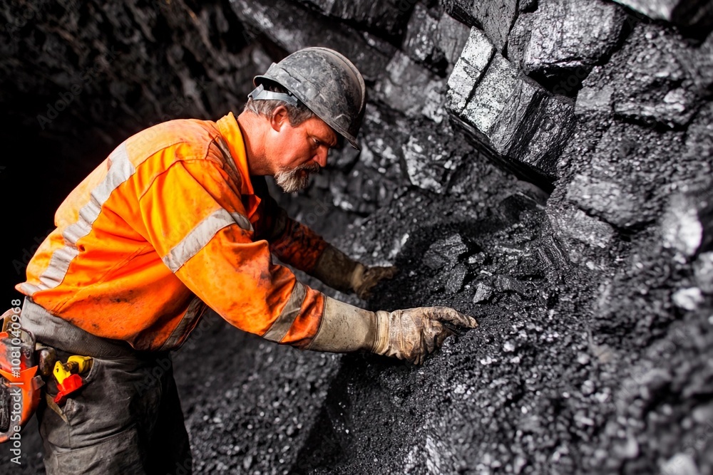 Coal miner carefully extracting mineral deposits in a dark underground tunnel. Generative AI Coal miner carefully extracting mineral deposits in a dark underground tunnel. Generative AI