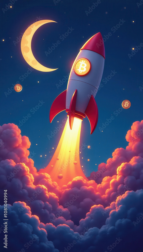 Bitcoin Rocket Launching into the Night Sky, Cryptocurrency Investment Growth Concept. Bitcoin Rocket Launching into the Night Sky, Cryptocurrency Investment Growth Concept.