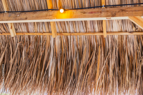 Close-up of thatched palm roof structure in open-air restaurant on Curacao, creating warm tropical ambiance. photo