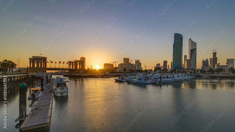 Sunrise. Yachts and boats at the Sharq Marina timelapse in Kuwait. Kuwait City, Middle East Sunrise. Yachts and boats at the Sharq Marina timelapse in Kuwait. Kuwait City, Middle East