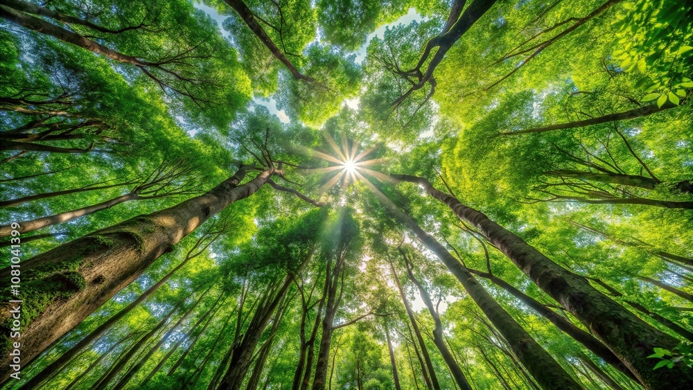 Dense foliage and towering trees form a lush canopy overhead, filtering sunlight to create dappled patterns on the forest floor, forestry, leaves, trees Dense foliage and towering trees form a lush canopy overhead, filtering sunlight to create dappled patterns on the forest floor, forestry, leaves, trees