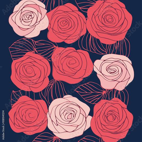 Trendy pattern design with delicate rosettes in pink and deep red on a navy blue backdrop, ideal for chic home decor and stylish textiles.