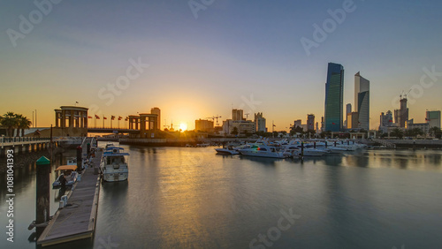 Sunrise. Yachts and boats at the Sharq Marina timelapse in Kuwait. Kuwait City, Middle East