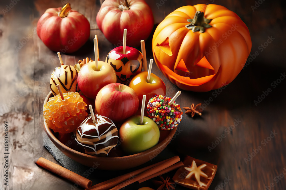Apples and Candy Apples in a Wooden Bowl, AI generated Apples and Candy Apples in a Wooden Bowl, AI generated